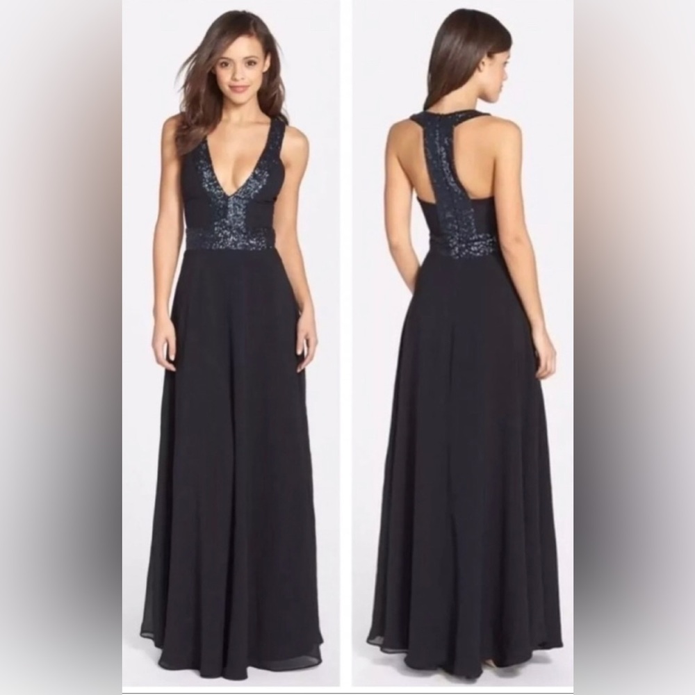 Black Deep V Front Racer Back Dress The Population Gown Size M